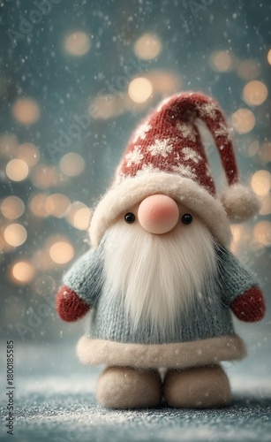 Cheerful Gnome Decoration With a Festive Hat in a Snowy Winter Setting and Gl...