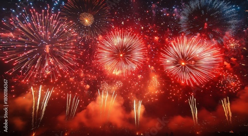 Colorful Fireworks Illuminate the Night Sky During a Festive Celebration Over...