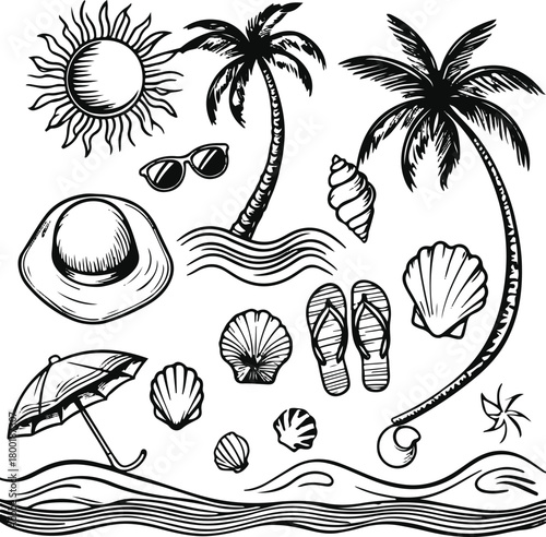 summer holiday line art illustrations, beach ball, sunglasses, sun hat, palm tree, ocean wave, shell shape, umbrella, flip-flops, sun symbol, simple black outline 2