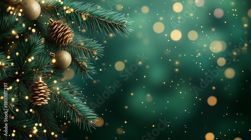 Festive Pine Branch Adorned With Golden Lights During Winter Season Celebration