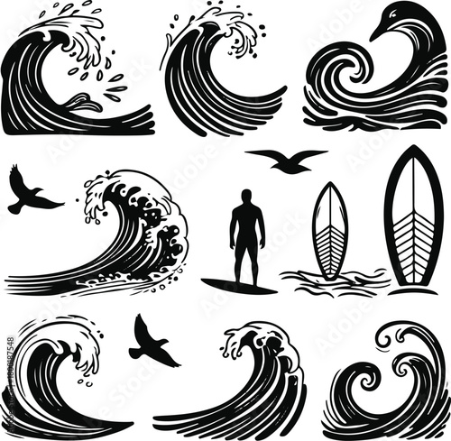 Photography surfing and ocean-themed doodles, surfboards, ocean waves, splash lines, surfer