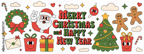 christmas cartoon sticker vector icon set