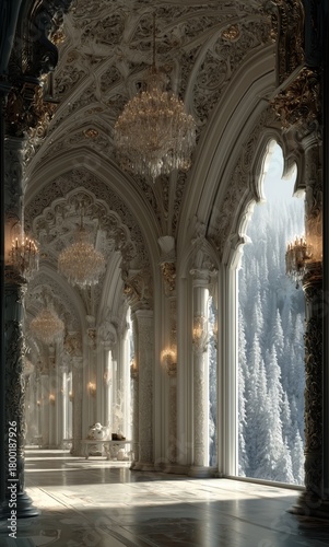 Elegant Palace Interior With Grand Arches and Winter Scenery Outside