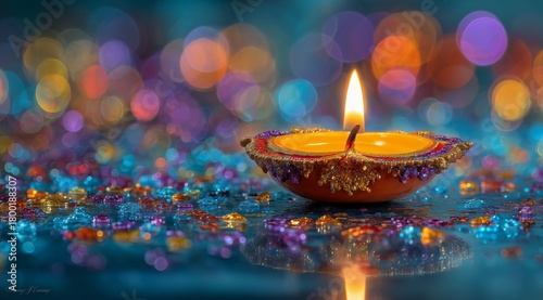Beautiful Traditional Oil Lamp Glowing Against a Colorful Background During a...