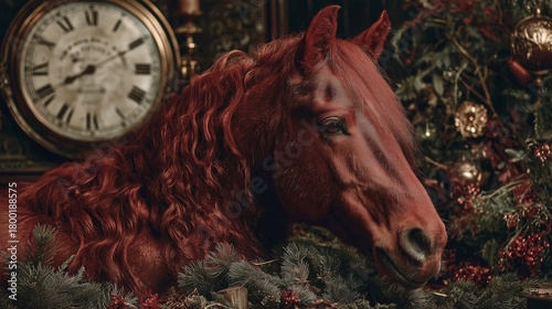 Majestic Red Horse Resting Amidst Festive Decor and Vintage Clock in a Cozy I...