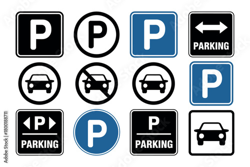 A collection of various parking signs and symbols, some with a car icon and others with the letter P.