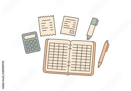 flat vector handdrawn soft palette clean outlines white background expense tracking ledger notebook pen calculator receipts highlighter no logos no gloss