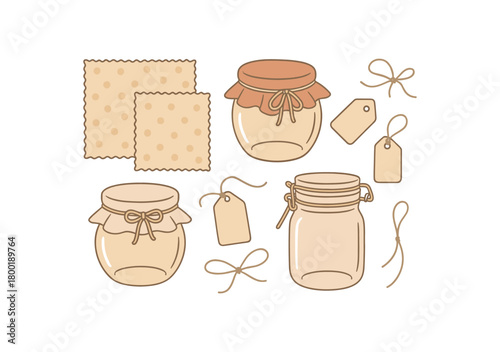 flat vector handdrawn soft palette clean outlines white background zero contain wax wraps fabric covers clamp jars label tags blank twine no logos no gloss