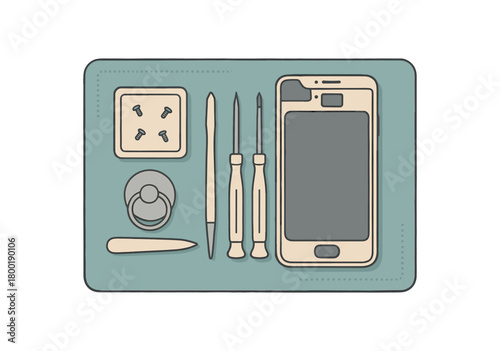 flat vector handdrawn soft palette clean outlines white background electronics repair precision screwdrivers spudger suction cup screws tray antistatic mat no logos no gloss