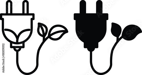 Electrical Power Plug Connected To Plant Leaf Green Bio Energy Vector Silhouette and Pictogram..eps
