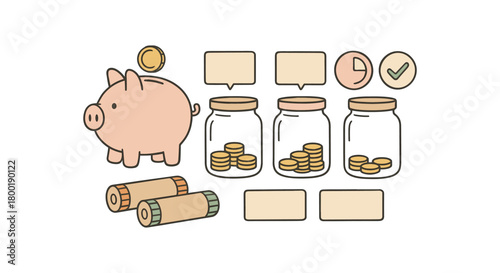 flat vector handdrawn soft palette clean outlines white background savings goals piggy bank savings jars goal cards blank progress stickers coin no logos no gloss