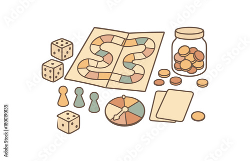 flat vector handdrawn soft palette clean outlines white background board games kids dice pawns spinner blank game cards token jar foldable board no logos no gloss