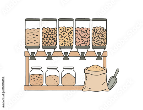 flat vector handdrawn soft palette clean outlines white background zero contain bulk aisle gravity bins glass jars metal scoop cloth bag no logos no gloss