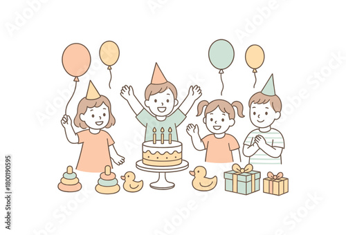 flat vector outline illustration of children party with balloons cake and toys modern style soft pastel palette clean minimal details isolated on white background