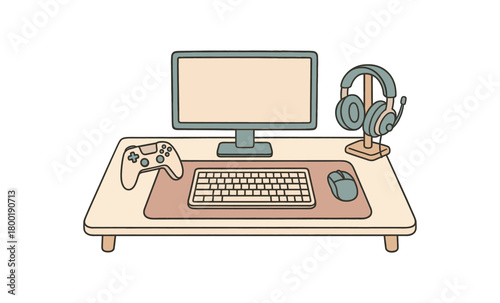 flat vector handdrawn soft palette clean outlines white background gaming desk controller headset mouse keyboard desk mat stand no logos no gloss