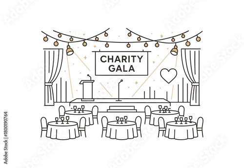 flat vector outline illustration of charity gala party with tables lights and stage elegant style minimal colors isolated on white background