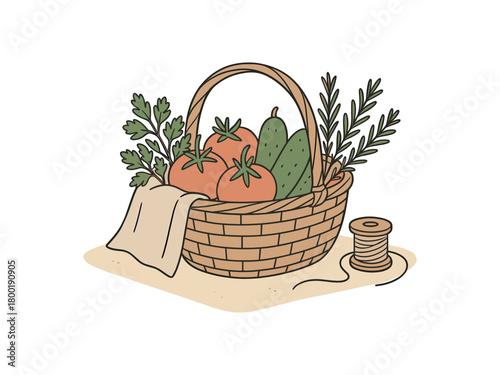 flat vector handdrawn soft palette clean outlines white background garden harvest naked tomatoes cucumbers herbs wicker trug linen towel twine no logos no gloss