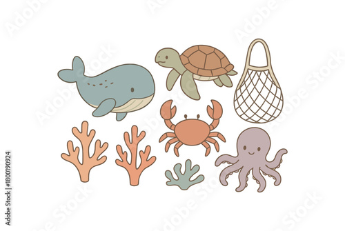 flat vector handdrawn soft palette clean outlines white background ocean animals whale toy turtle crab octopus coral piece net bag no logos no gloss