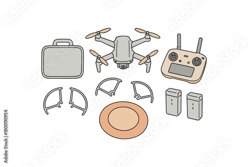 flat vector handdrawn soft palette clean outlines white background drone kit drone controller prop guards batteries case landing pad no logos no gloss
