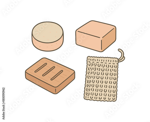 flat vector handdrawn soft palette clean outlines white background zero contain solid shampoo conditioner bar soap cedar dish sisal pouch no logos no gloss