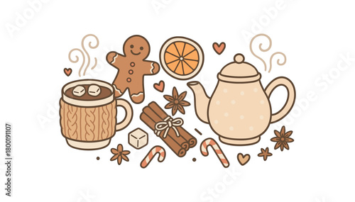 Cozy Christmas flat vector illustration collection of cute festive icons hot cocoa knitted mug teapot gingerbread cookie orange slice anise cinnamon bundle sugar cube candy cane tiny hearts