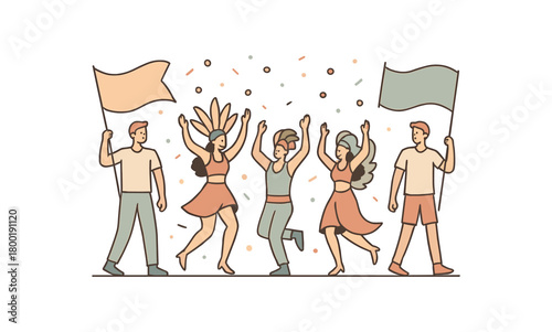 flat vector outline illustration of festival parade with dancers flags and confetti clean modern lines simple composition soft muted palette isolated on white background