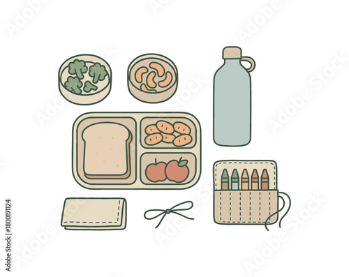 flat vector handdrawn soft palette clean outlines white background school low waste bento lunch box snack pots bottle cloth napkin crayon roll no logos no gloss