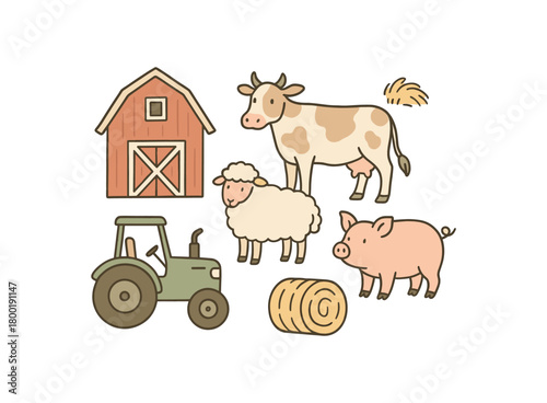 flat vector handdrawn soft palette clean outlines white background farm set barn cow sheep pig tractor hay bale no logos no gloss
