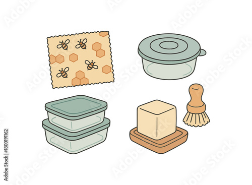 flat vector handdrawn soft palette clean outlines white background kitchen swaps beeswax wraps silicone lids stackable glass containers dish wooden brush no logos no gloss