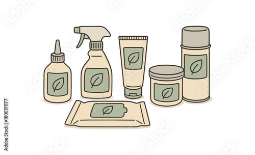 flat vector handdrawn soft palette clean outlines white background adhesive cleanup glue remover bottle sticker residue spray label peel gel surface prep wipes hand cleaner paste tub