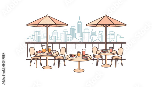 flat vector outline illustration of rooftop brunch with tables city view and umbrellas modern clean line style pastel tones isolated on white background
