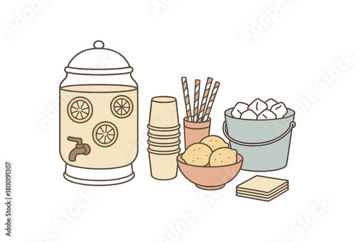 flat vector handdrawn soft palette clean outlines white background beverage station drink dispenser paper cups striped straws ice bucket lemon bowl napkins no logos no gloss