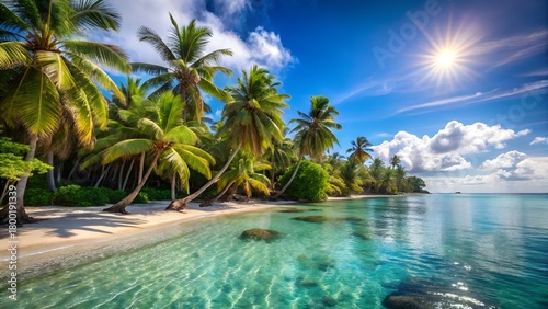 Fototapeta Naklejka Na Ścianę i Meble -  Lush tropical palm trees line a pristine white sand beach beside a crystal clear turquoise ocean under a sunny sky