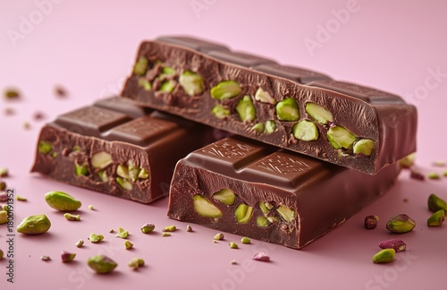 Delightful Chocolate Bars Filled With Crunchy Pistachios on a Pink Background
