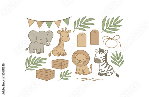 flat vector handdrawn soft palette clean outlines white background safari theme palm leaves animals kraft tags jute twine wooden crates bunting no logos no gloss