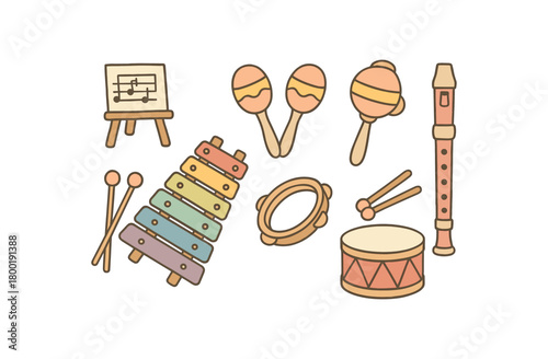 flat vector handdrawn soft palette clean outlines white background music set xylophone maracas tambourine drum recorder music stand toy no logos no gloss
