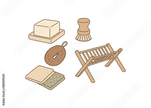 flat vector handdrawn soft palette clean outlines white background zero contain dish wooden brush coconut scourer drying rack cloths no logos no gloss