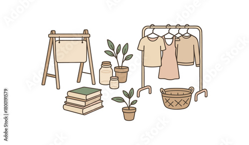flat vector handdrawn soft palette clean outlines white background swap market sign board blank book stack jar set plant cuttings clothes rack basket no logos no gloss