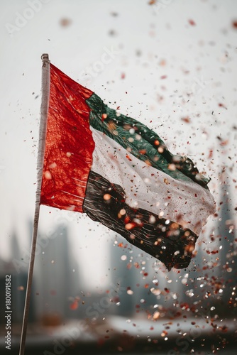 Flag of Sudan Waving Proudly Amidst Colorful Confetti in an Urban Setting