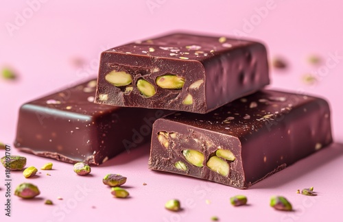 Dark Chocolate Bars With Pistachios Stacked on a Pink Background