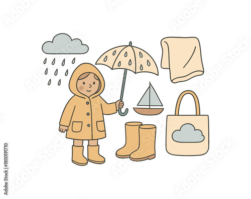 flat vector handdrawn soft palette clean outlines white background rainy day raincoat umbrella toy boat towel cloud bag no logos no gloss