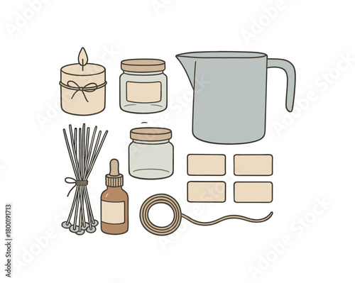 flat vector handdrawn soft palette clean outlines white background candle favors small jars wick set pouring pot essential oil bottle label stickers blank twine no logos no gloss
