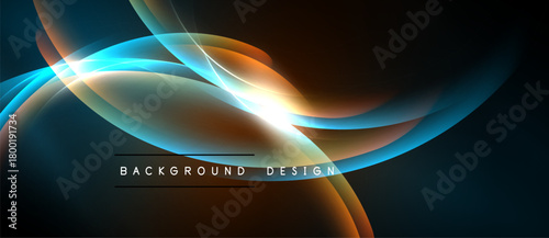Abstract flowing lines, vibrant colors, dark background. Bright central glow creates dynamic visual effect. Modern design element.