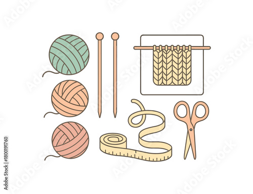 Flat vector knitting: yarn balls knitting needles pattern sheet scissors tape measure pastel palette clean outlines minimal centered isolated on white no logos