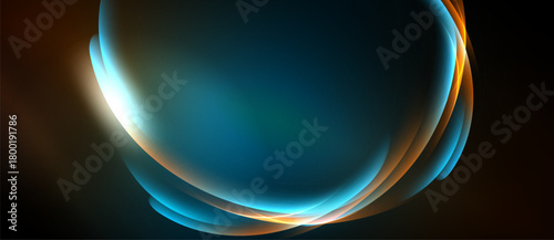 Abstract design features flowing curves, vibrant colors. Blue, orange, white blend creating dynamic visual effect. Dark background emphasizes luminosity.