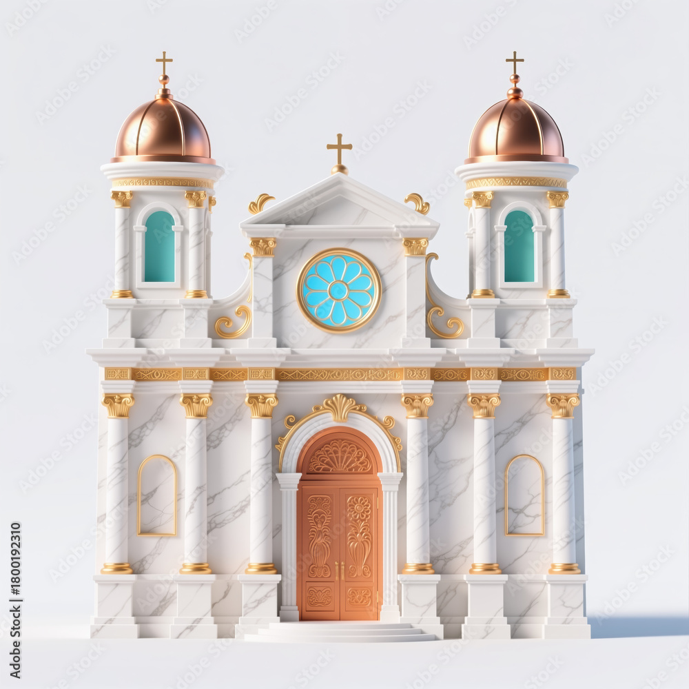 Fototapeta premium A serene white marble church with gold trim and copper domes, symbolizing spirituality and faith, rendered in a realistic style with intricate details and subtle shading.