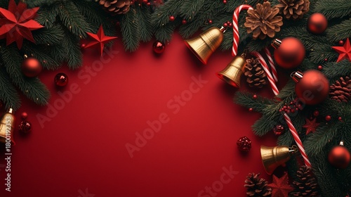 Festive Holiday Decorations With Pine Branches and Ornaments on a Red Background