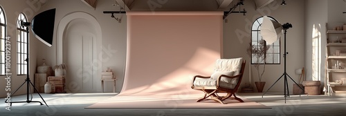 Warm modern photography studio with beige backdrop and designer chair setup.
