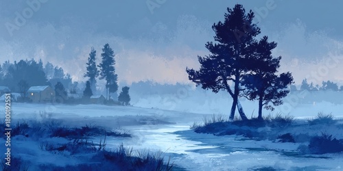 Misty blue landscape with solitary tree and calm water reflection for nature branding.
