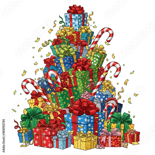 A tremendously towering, extravagantly chaotic, brilliantly colored Christmas gift accumulation, utterly overflowing.